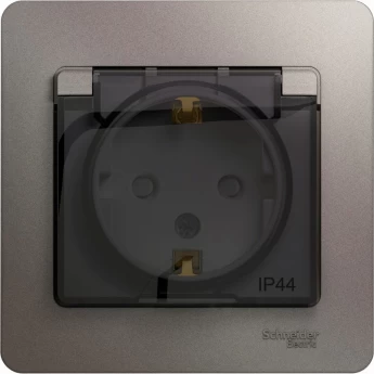 Розетка SCHNEIDER ELECTRIC GLOSSA с заземлением, IP44, со шторкой, с крышкой, в сборе, платина