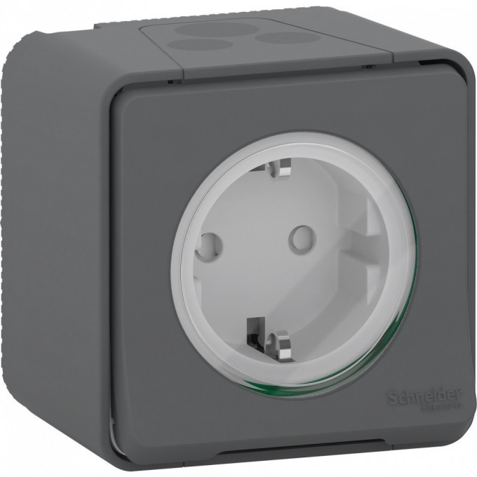 Розетка SCHNEIDER ELECTRIC MUREVA S в сборе о/у, с заземляющим контактом, с защитными шторками, антрацит, IP55 MUR36034